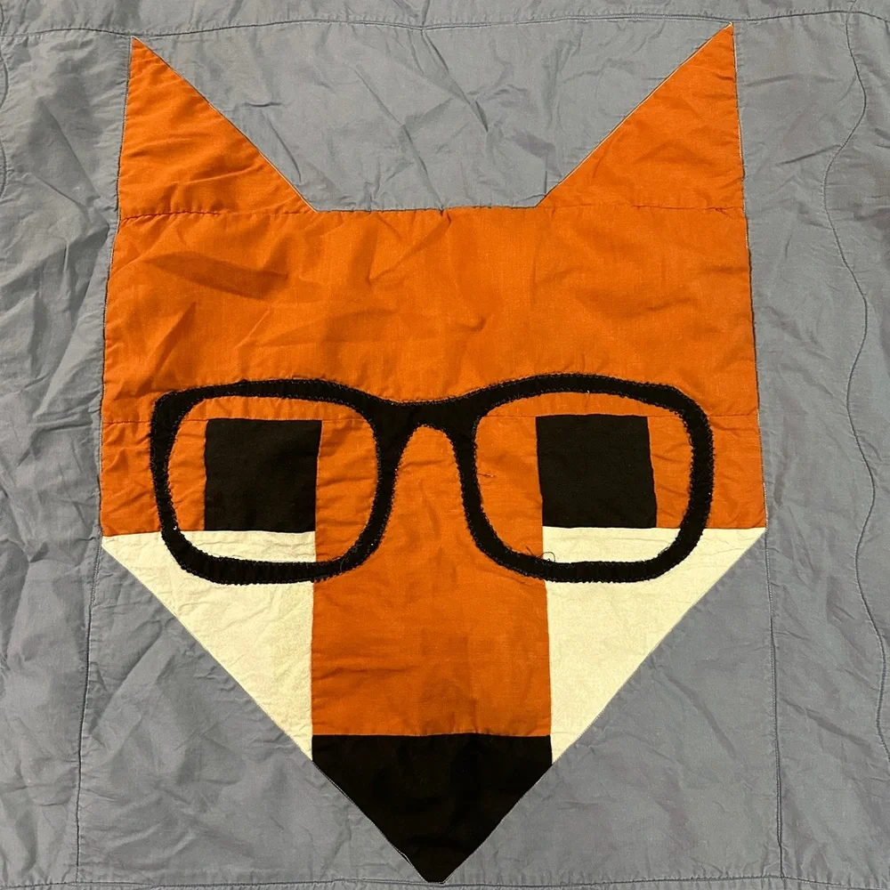 Handmade Fox Wearing Glasses Baby Blanket Quilt 36x42” Blue Orange Foxes